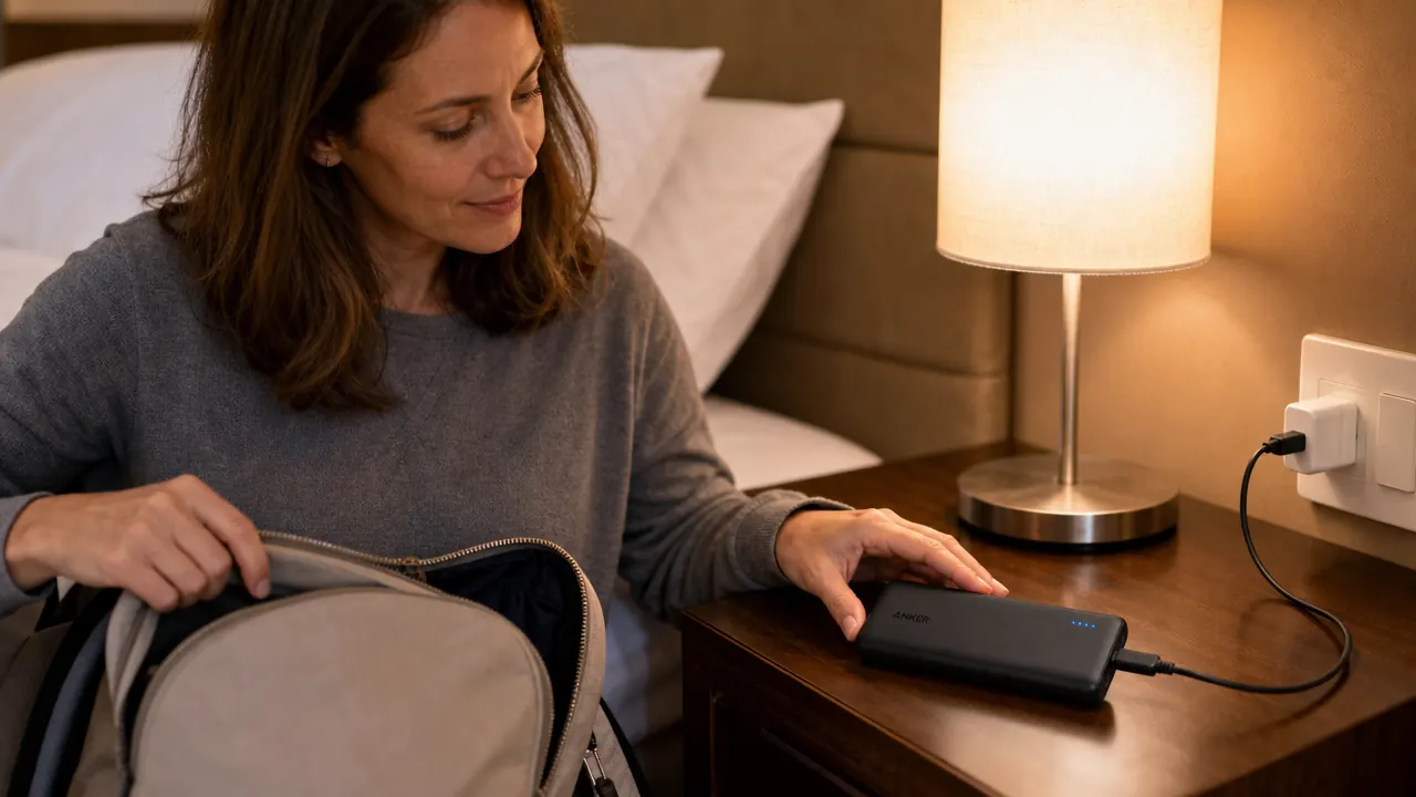Power bank plugged into a wall outlet with a USB-C cable recharging overnight on a hotel room nightstand