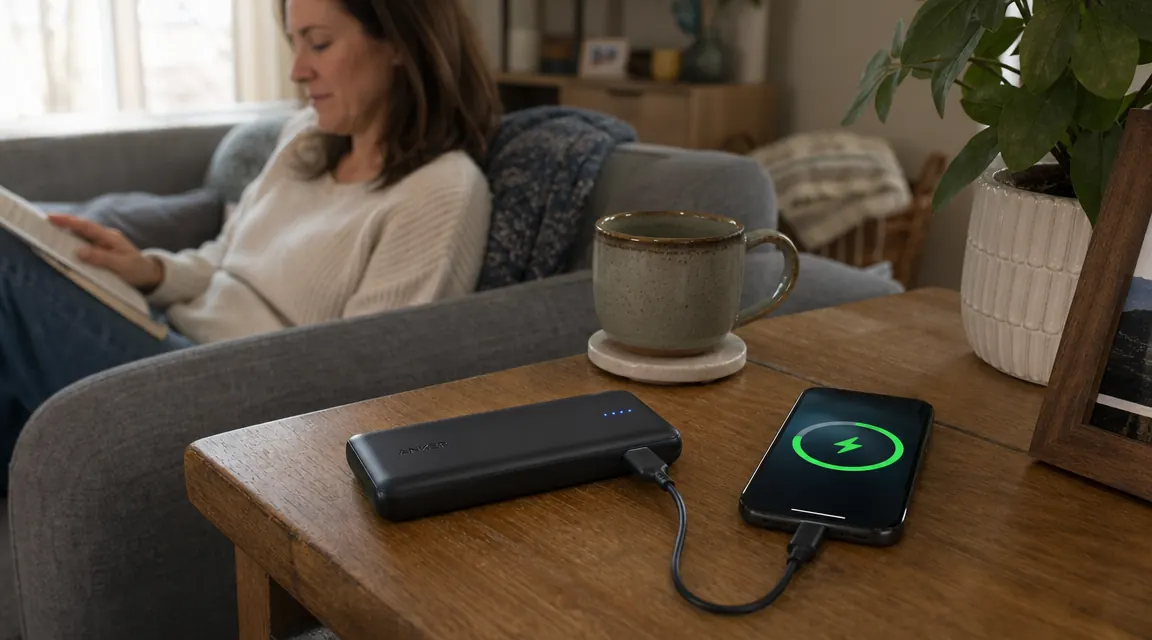Anker PowerCore 10K power bank connected to a smartphone via USB-C cable on a wooden table