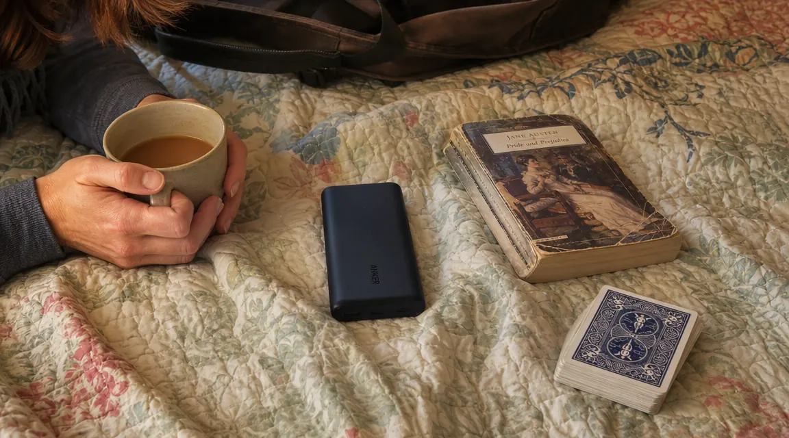 Side-by-side size comparison of the Anker PowerCore 10K next to a standard paperback book and a deck of playing cards