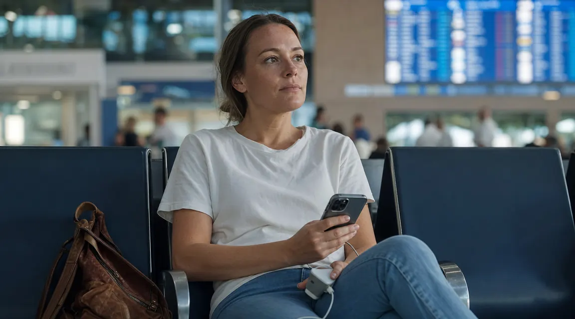Woman at an airport gate charging her phone with a portable power bank while waiting to board
