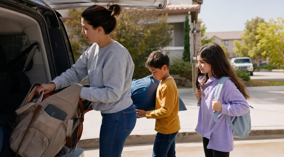Family loading bags into a car trunk with a power bank visible on top of a travel bag