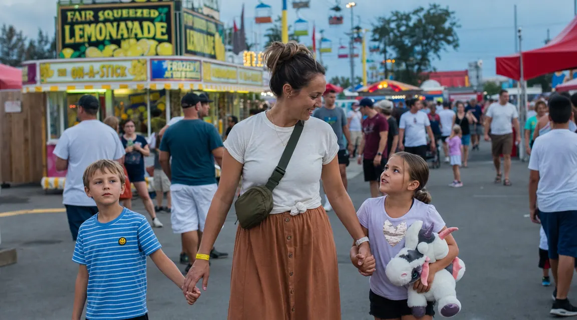 Mom and two children walking through a crowded state fair midway, mom wearing a small crossbody bag with hands free