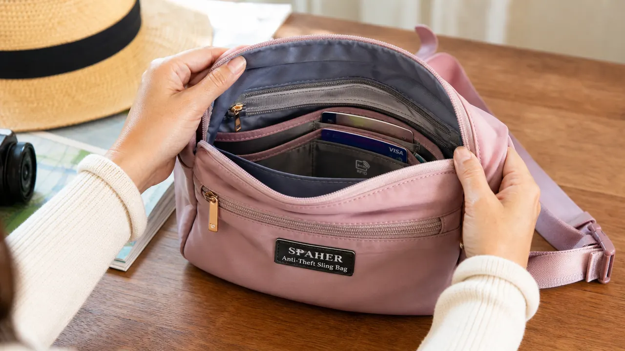 Hands holding open the SPAHER anti-theft sling bag to show interior compartments and hidden back pocket