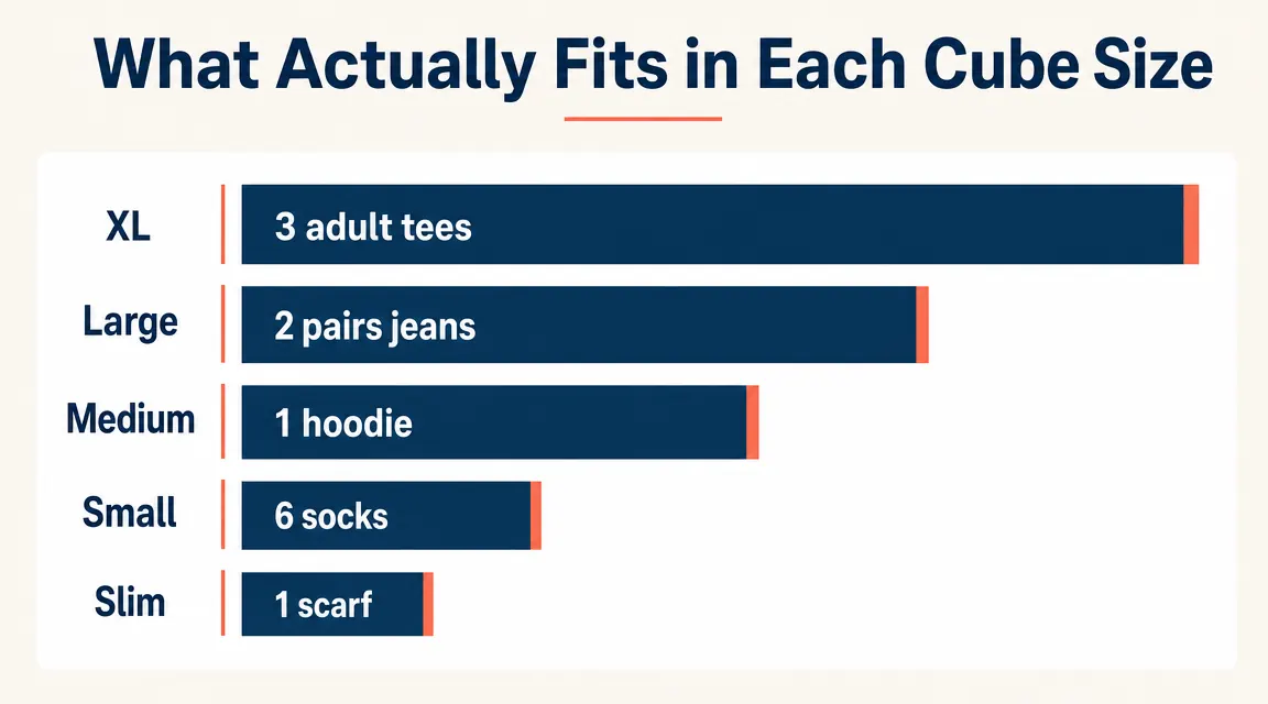 Chart comparing actual folded clothing capacity in each of the five cube sizes in the BAGAIL 8-set