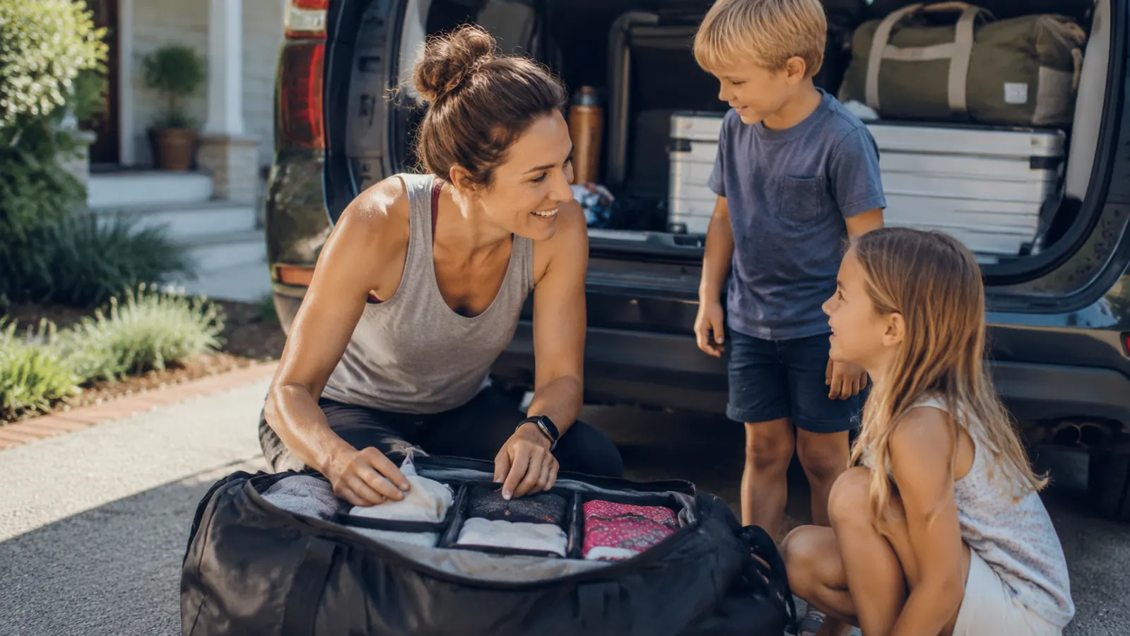 Mom and two young kids loading bags into a car trunk, packing cubes visible in an open duffel bag