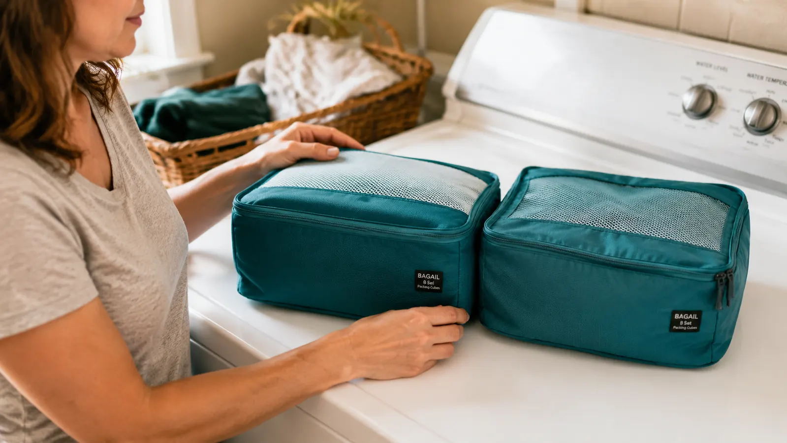 Side-by-side comparison of two BAGAIL packing cubes on a white laundry surface, one freshly washed and one with visible light wear