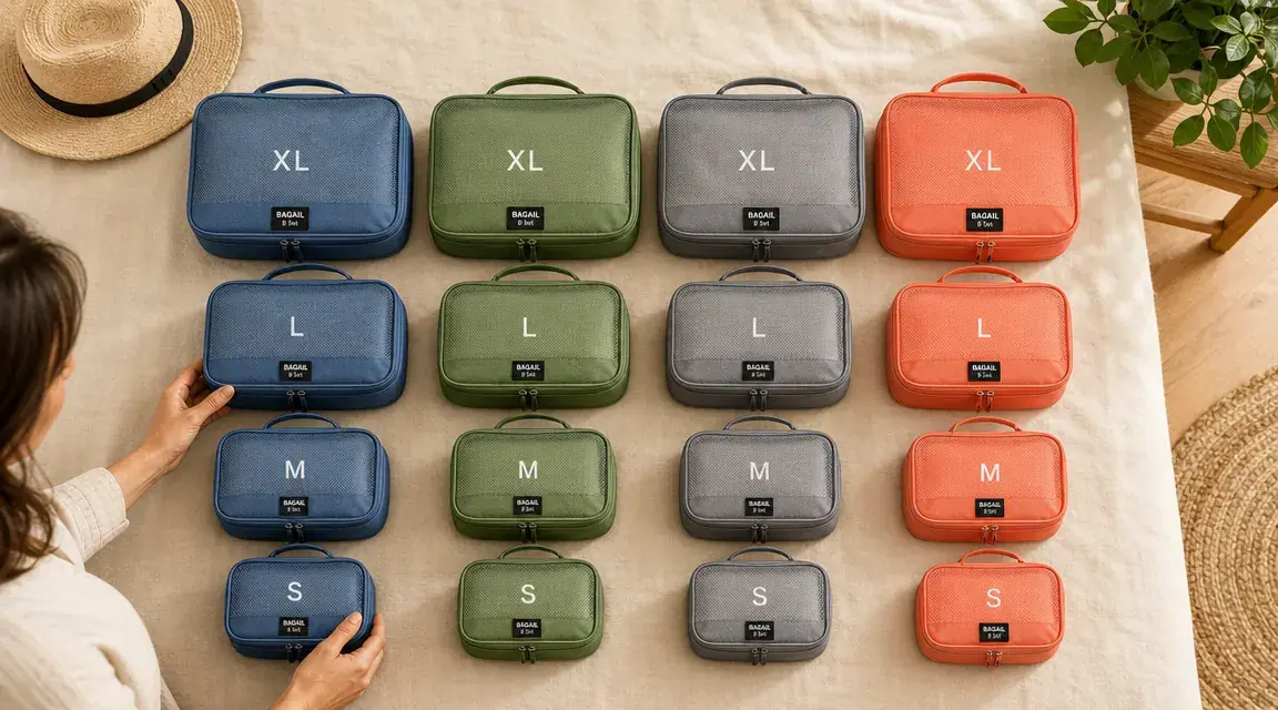 Flat lay of all eight BAGAIL packing cubes in different sizes arranged by color on a neutral background