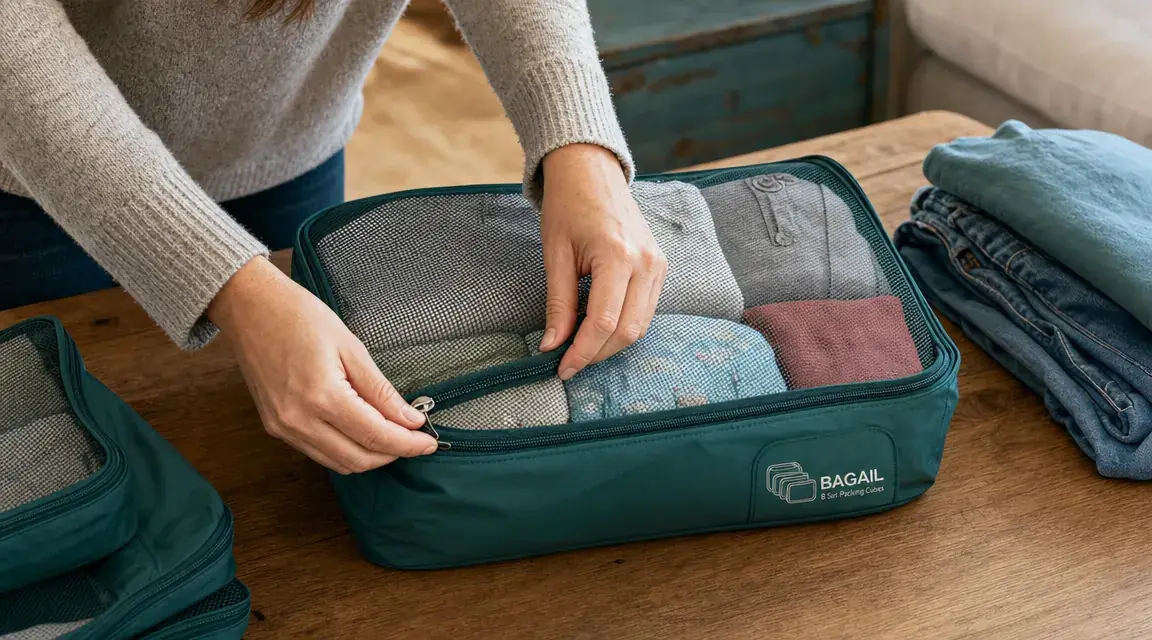 Hands zipping a BAGAIL packing cube closed over a neatly folded stack of family clothes