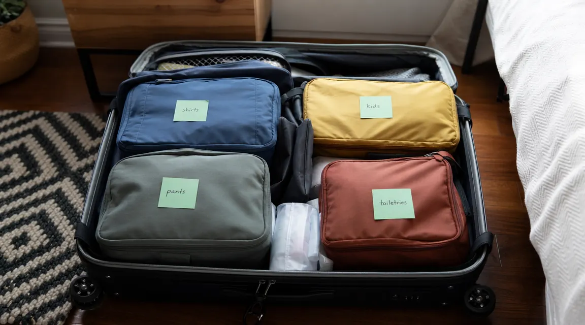 Family suitcase fully packed with color-coded packing cubes, ready to close
