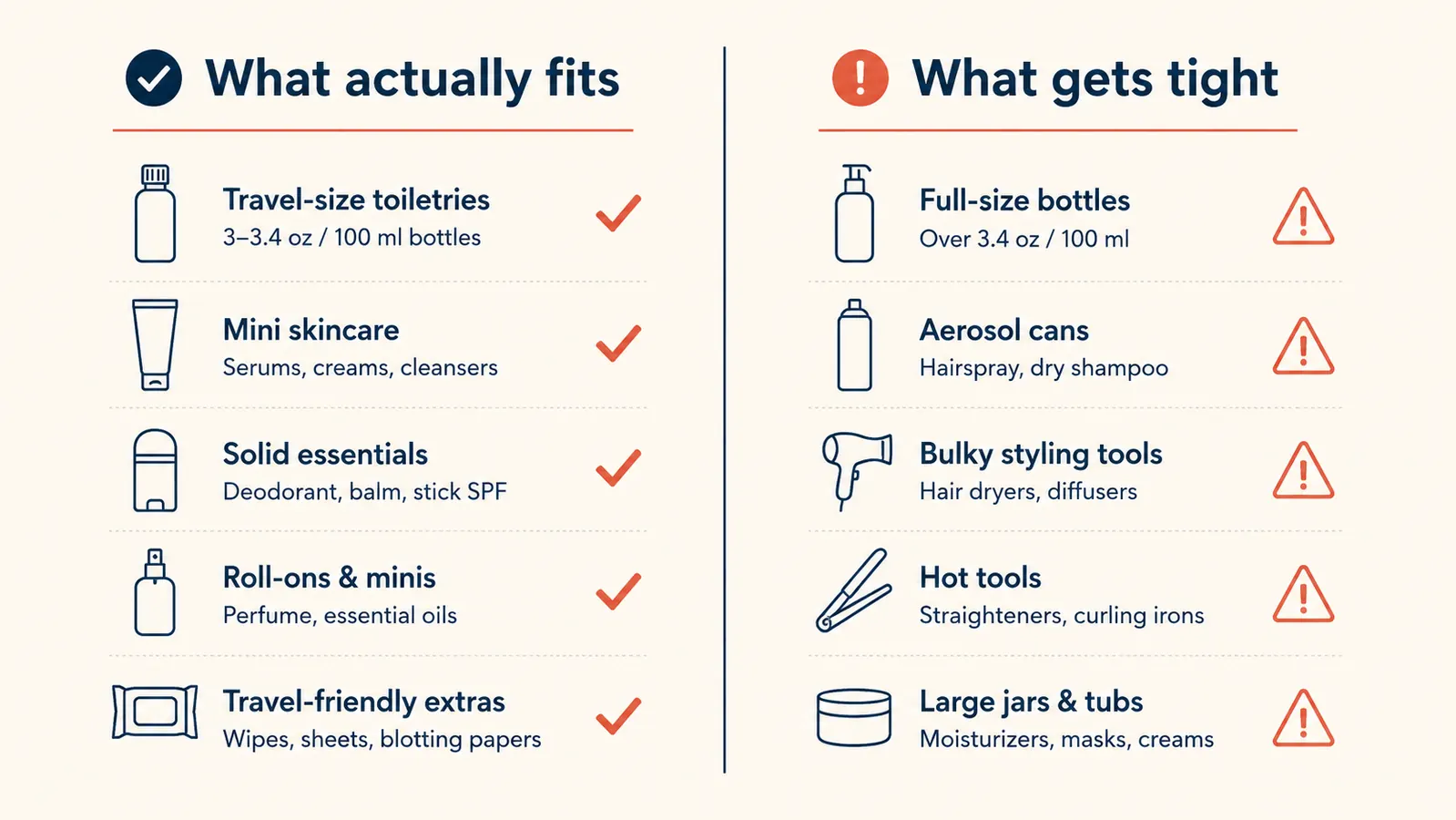 Side-by-side comparison chart showing what actually fits vs what people try to pack in the BAGSMART toiletry bag