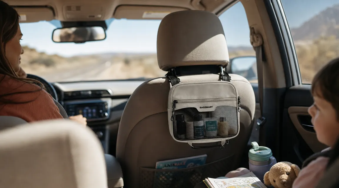 BAGSMART toiletry bag hanging from a car visor hook during a road trip, sunlight coming through the car window