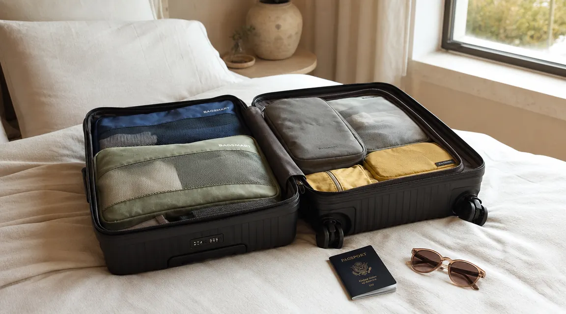 BAGSMART toiletry bag packed and sitting in an open suitcase alongside packing cubes before a family road trip