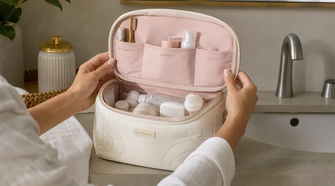 Hand unzipping the main compartment of the BAGSMART toiletry bag to reveal organized pockets inside
