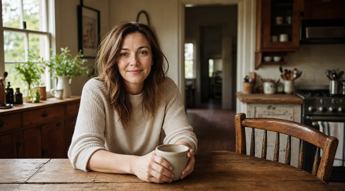 Woman sitting at a kitchen table with a coffee mug, smiling at camera, relaxed and at ease
