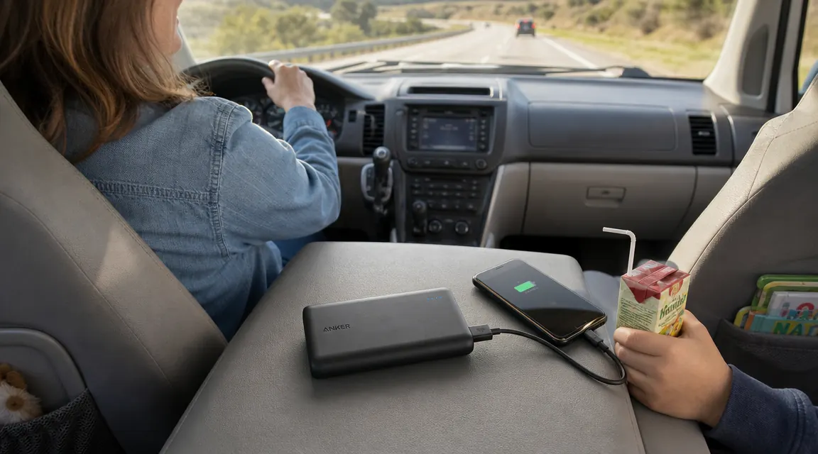 Anker PowerCore 10K power bank resting on a car console next to a phone and a child's juice box