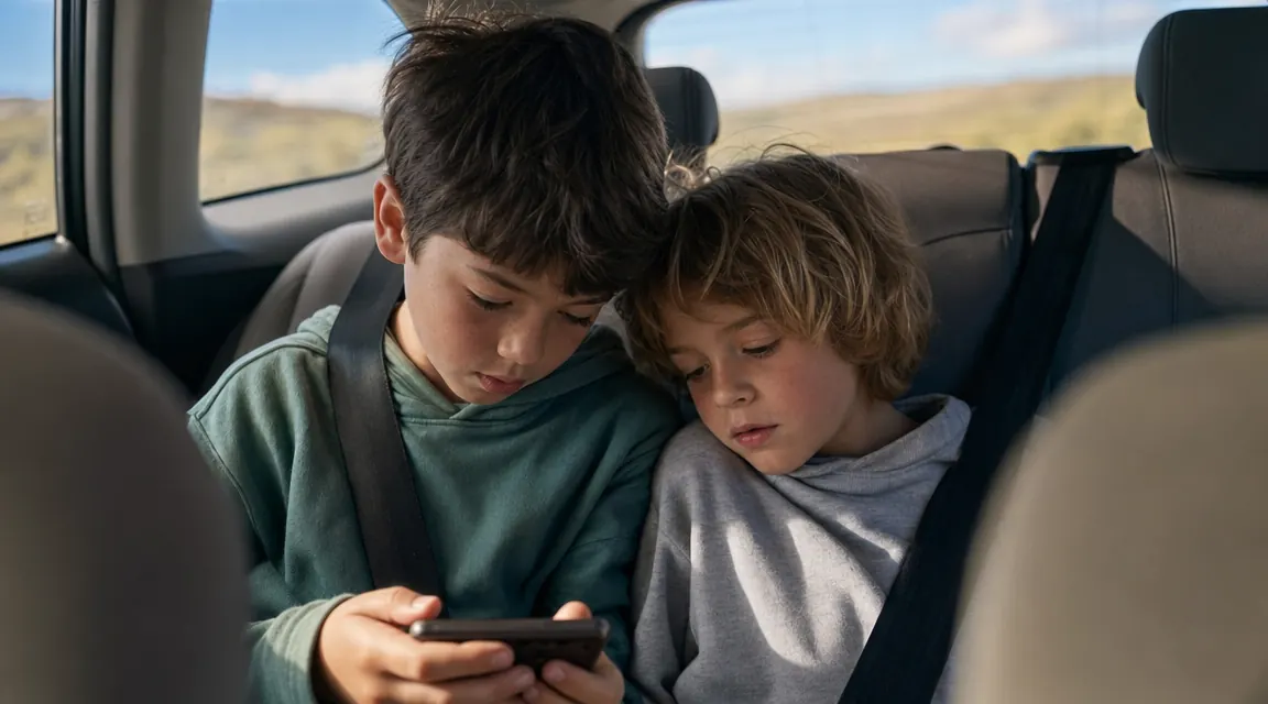 Two children sitting in the back seat of a car, one looking at a phone, both content and calm on a long drive