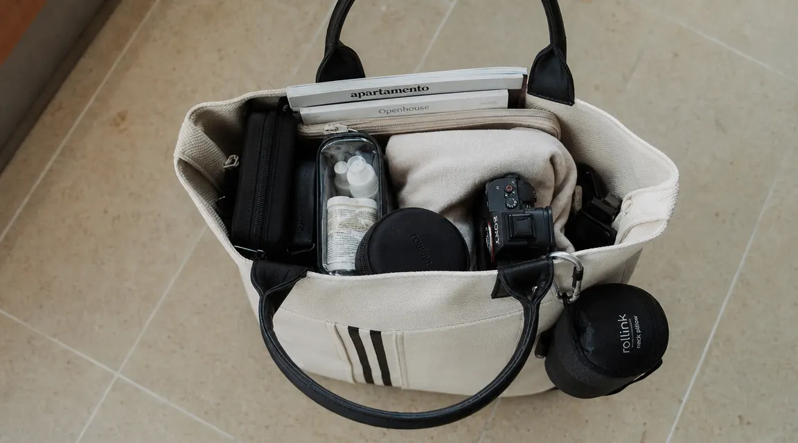 Overhead view of a packed carry-on bag with a travel neck pillow clipped to the outside strap