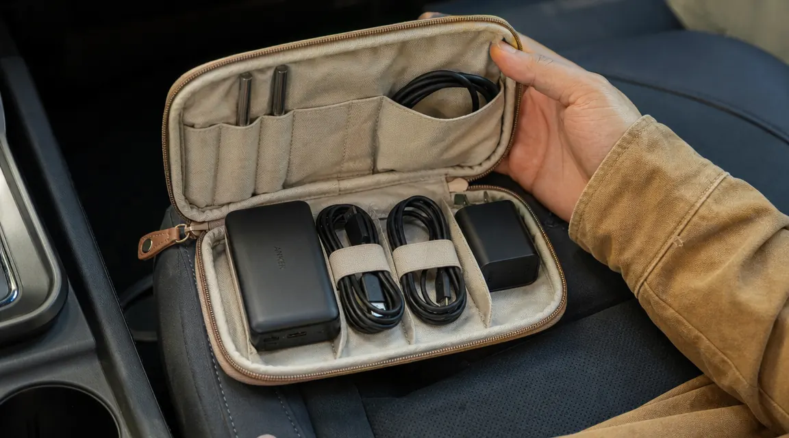 Travel bag open on a car seat with a power bank, charging cables, and a cable organizer pouch neatly packed inside