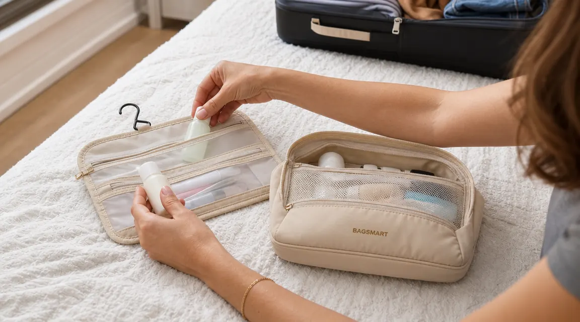 Hands loading travel-sized toiletries into a hanging bag laid flat on a bed before a family trip