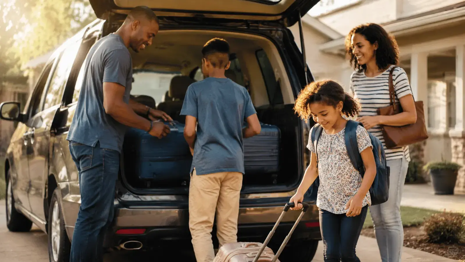 A family of four loading luggage into a car trunk for a road trip, small carry-on visible among the bags