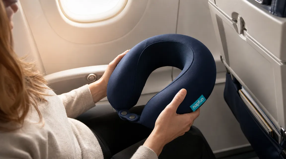Hands adjusting a napfun neck pillow into the front-facing position before sleeping
