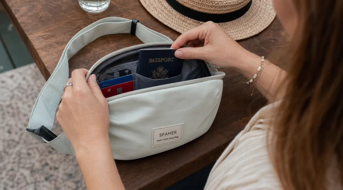 SPAHER anti-theft sling bag held open to show the RFID-blocking interior pocket with a passport and two credit cards inserted