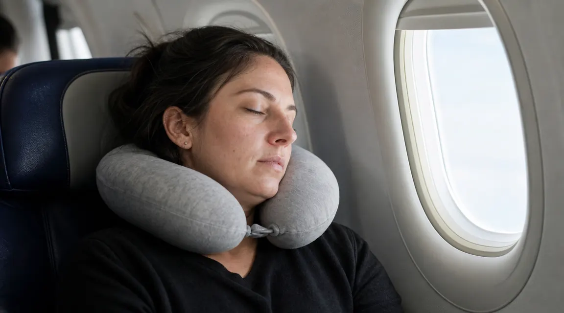 Woman sitting upright in an airplane seat sleeping comfortably with a gray travel neck pillow, window seat, soft natural light