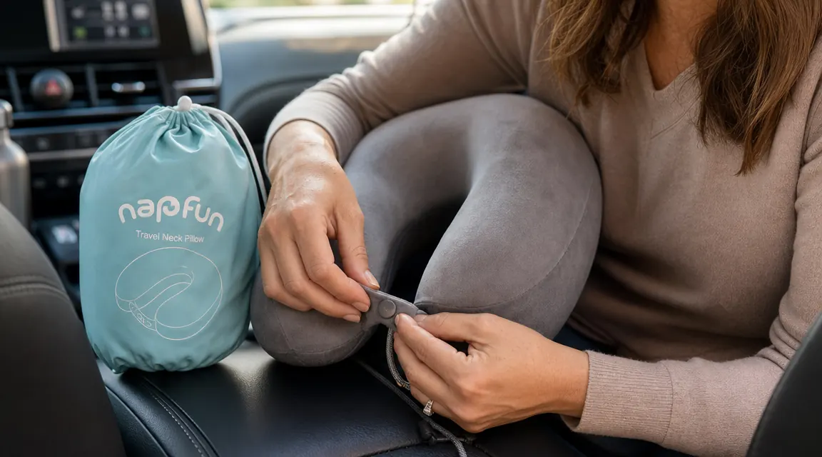 Hand adjusting the toggle closure on a napfun travel neck pillow resting on a car armrest
