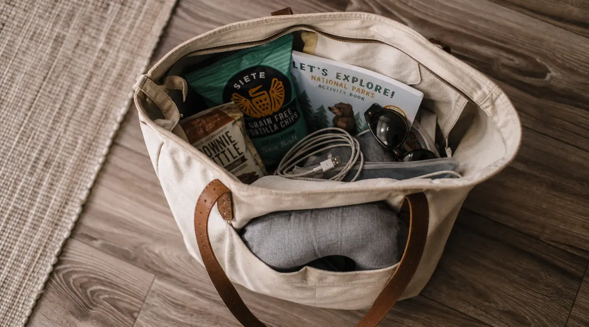 Flat lay of a packed travel bag with a compressed neck pillow tucked inside an outer pocket
