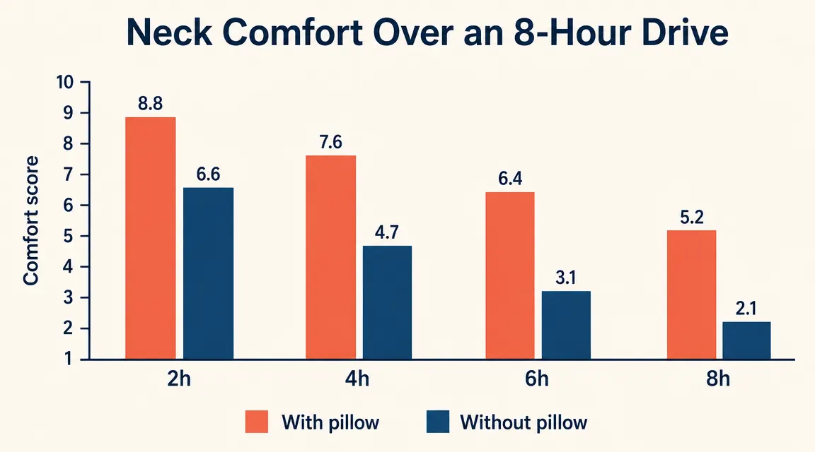 Chart comparing neck comfort ratings at hours 2, 4, 6, and 8 on a long road trip with and without a neck pillow