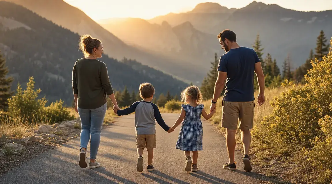 Family of four walking toward a scenic overlook on a road trip, mountains in the background